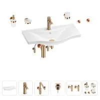Раковина для ванной Wellsee Bisou 201007399 в наборе 9 в 1: раковина белого глянцевого цвета, смеситель, сифон, донный клапан, угловые вентили, аксессуары (цвет набора розовое золото)