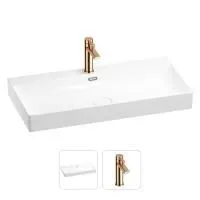 Раковина для ванной Wellsee Bromance 201000974 в наборе 2 в 1: прямоугольная раковина белого глянцевого цвета, смеситель в цвете розовое золото