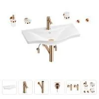 Раковина для ванной Wellsee Bisou 201007379 в наборе 9 в 1: раковина белого глянцевого цвета, смеситель, сифон, донный клапан, угловые вентили, аксессуары (цвет набора розовое золото)