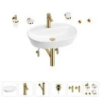 Раковина для ванной Wellsee Calin 201005603 в наборе 9 в 1: раковина белого глянцевого цвета, смеситель, сифон, донный клапан, угловые вентили, аксессуары (цвет набора золото)