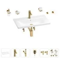 Раковина для ванной Wellsee FreeDom 201007068 в наборе 9 в 1: раковина белого глянцевого цвета, смеситель, сифон, донный клапан, угловые вентили, аксессуары (цвет набора золото)
