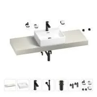 Раковина 50 см со столешницей 140 см Wellsee Graceful Pro 201012572 в наборе 10 в 1: столешница, раковина, смеситель, сифон, донный клапан, угловые вентили, аксессуары (цвет матовый черный)