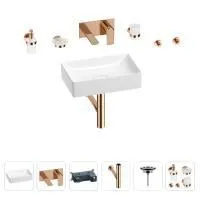 Раковина для ванной Wellsee Pure BY Wellsee 201006314 в наборе 8 в 1: раковина белого глянцевого цвета, встраиваемый смеситель, сифон, выпуск, аксессуары (цвет набора розовое золото)
