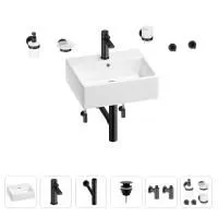 Раковина для ванной Wellsee Graceful Pro 201006677 в наборе 9 в 1: раковина белого глянцевого цвета, смеситель, сифон, донный клапан, угловые вентили, аксессуары (цвет набора матовый черный)