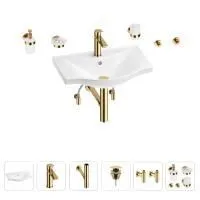 Раковина для ванной Wellsee Bisou 201007223 в наборе 9 в 1: раковина белого глянцевого цвета, смеситель, сифон, донный клапан, угловые вентили, аксессуары (цвет набора золото)