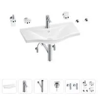 Раковина для ванной Wellsee Bisou 201007426 в наборе 9 в 1: раковина белого глянцевого цвета, смеситель, сифон, донный клапан, угловые вентили, аксессуары (цвет набора хром)