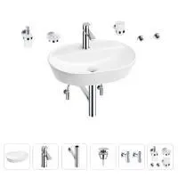 Раковина для ванной Wellsee Calin 201005596 в наборе 9 в 1: раковина белого глянцевого цвета, смеситель, сифон, донный клапан, угловые вентили, аксессуары (цвет набора хром)