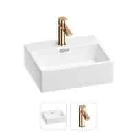 Раковина для ванной Wellsee Graceful Pro 201000779 в наборе 2 в 1: прямоугольная раковина белого глянцевого цвета, смеситель в цвете розовое золото