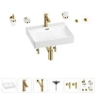 Раковина для ванной Wellsee DeSire 201007553 в наборе 9 в 1: раковина белого глянцевого цвета, смеситель, сифон, выпуск, угловые вентили, аксессуары (цвет набора золото)