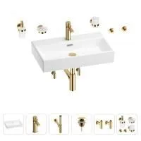 Раковина для ванной Wellsee Graceful Pro 201006738 в наборе 9 в 1: раковина белого глянцевого цвета, смеситель, сифон, донный клапан, угловые вентили, аксессуары (цвет набора золото)
