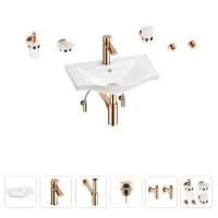 Раковина для ванной Wellsee Bisou 201007104 в наборе 9 в 1: раковина белого глянцевого цвета, смеситель, сифон, донный клапан, угловые вентили, аксессуары (цвет набора розовое золото)