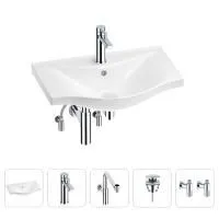 Раковина для ванной Wellsee Bisou 201005221 в наборе 5 в 1: раковина белого глянцевого цвета, смеситель, сифон, донный клапан, угловые вентили (цвет набора хром)