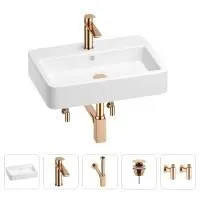 Раковина для ванной Wellsee Halcyon 201004489 в наборе 5 в 1: раковина белого глянцевого цвета, смеситель, сифон, донный клапан, угловые вентили (цвет набора розовое золото)