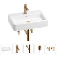 Раковина для ванной Wellsee Halcyon 201004499 в наборе 5 в 1: раковина белого глянцевого цвета, смеситель, сифон, донный клапан, угловые вентили (цвет набора розовое золото)