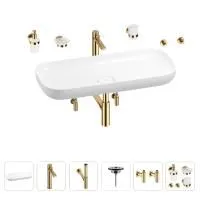 Раковина для ванной Wellsee Croquis 201005793 в наборе 9 в 1: раковина белого глянцевого цвета, высокий смеситель, сифон, выпуск, угловые вентили, аксессуары (цвет золото)