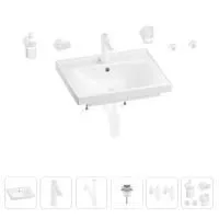 Раковина для ванной Wellsee FreeDom 201006920 в наборе 9 в 1: раковина белого глянцевого цвета, смеситель, сифон, донный клапан, угловые вентили, аксессуары (цвет набора матовый белый)