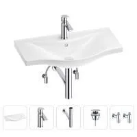 Раковина для ванной Wellsee Bisou 201005346 в наборе 5 в 1: раковина белого глянцевого цвета, смеситель, сифон, донный клапан, угловые вентили (цвет набора хром)
