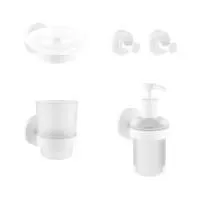 Акционный набор аксессуаров для ванной комнаты 5 в 1 Wellsee Finishing Touch 182515002: дозатор для жидкого мыла, мыльница, крючок 2 шт, стакан для зубных щеток и пасты (цвет белый матовый)