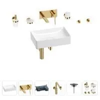 Раковина для ванной Wellsee Pure BY Wellsee 201006348 в наборе 8 в 1: раковина белого глянцевого цвета, встраиваемый смеситель, сифон, выпуск, аксессуары (цвет набора золото)