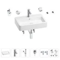 Раковина для ванной Wellsee Halcyon 201006561 в наборе 9 в 1: раковина белого глянцевого цвета, смеситель, сифон, донный клапан, угловые вентили, аксессуары (цвет набора хром)