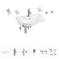 Раковина для ванной Wellsee Bisou 201007241 в наборе 9 в 1: раковина белого глянцевого цвета, смеситель, сифон, донный клапан, угловые вентили, аксессуары (цвет набора хром)