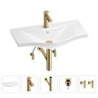 Раковина для ванной Wellsee Bisou 201005348 в наборе 5 в 1: раковина белого глянцевого цвета, смеситель, сифон, донный клапан, угловые вентили (цвет набора золото)