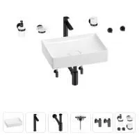 Раковина для ванной Wellsee Pure BY Wellsee 201006352 в наборе 9 в 1: раковина белого глянцевого цвета, высокий смеситель, сифон, выпуск, угловые вентили, аксессуары (цвет матовый черный)