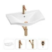 Раковина для ванной Wellsee Bisou 201003559 в наборе 4 в 1: раковина белого глянцевого цвета, смеситель, сифон, донный клапан (цвет набора розовое золото)