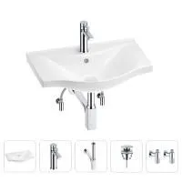 Раковина для ванной Wellsee Bisou 201005191 в наборе 5 в 1: раковина белого глянцевого цвета, смеситель, сифон, донный клапан, угловые вентили (цвет набора хром)