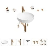 Раковина для ванной Wellsee Chalice Perfection 201006194 в наборе 9 в 1: раковина белого глянцевого цвета, высокий смеситель, сифон, выпуск, угловые вентили, аксессуары (цвет розовое золото)