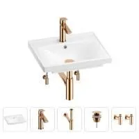 Раковина для ванной Wellsee FreeDom 201004759 в наборе 5 в 1: раковина белого глянцевого цвета, смеситель, сифон, донный клапан, угловые вентили (цвет набора розовое золото)