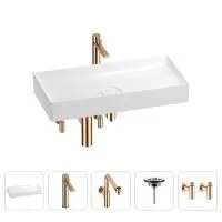 Раковина для ванной Wellsee Pure BY Wellsee 201004474 в наборе 5 в 1: раковина белого глянцевого цвета, высокий смеситель, сифон, выпуск, угловые вентили (цвет набора розовое золото)