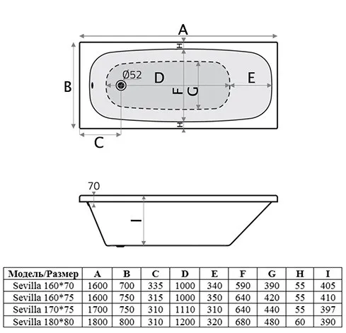 Акриловая ванна Alba Spa Sevilla ВПР0170100100 прямоугольная 180х80