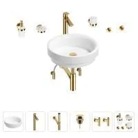 Раковина для ванной Wellsee Doux 201006088 в наборе 9 в 1: раковина белого глянцевого цвета, высокий смеситель, сифон, донный клапан, угловые вентили, аксессуары (цвет золото)