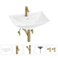 Раковина для ванной Wellsee Cerulean 201004703 в наборе 5 в 1: раковина белого глянцевого цвета, смеситель, сифон, выпуск, угловые вентили (цвет набора золото)