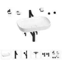 Раковина для ванной Wellsee Croquis 201005692 в наборе 9 в 1: раковина белого глянцевого цвета, высокий смеситель, сифон, выпуск, угловые вентили, аксессуары (цвет матовый черный)