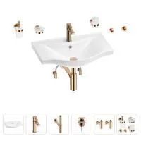 Раковина для ванной Wellsee Bisou 201007339 в наборе 9 в 1: раковина белого глянцевого цвета, смеситель, сифон, донный клапан, угловые вентили, аксессуары (цвет набора розовое золото)