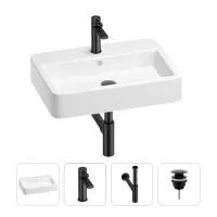 Раковина для ванной Wellsee Halcyon 201002837 в наборе 4 в 1: раковина белого глянцевого цвета, смеситель, сифон, донный клапан (цвет набора матовый черный)