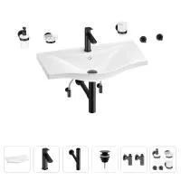 Раковина для ванной Wellsee Bisou 201007422 в наборе 9 в 1: раковина белого глянцевого цвета, смеситель, сифон, донный клапан, угловые вентили, аксессуары (цвет набора матовый черный)