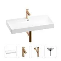 Раковина для ванной Wellsee Bromance 201003874 в наборе 4 в 1: раковина белого глянцевого цвета, смеситель, сифон, выпуск (цвет набора розовое золото)