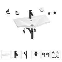 Раковина для ванной Wellsee Bisou 201007382 в наборе 9 в 1: раковина белого глянцевого цвета, смеситель, сифон, донный клапан, угловые вентили, аксессуары (цвет набора матовый черный)