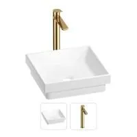 Раковина для ванной Wellsee Doux 201000633 в наборе 2 в 1: квадратная раковина белого глянцевого цвета, высокий смеситель в цвете золото