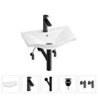 Раковина для ванной Wellsee Bisou 201005047 в наборе 5 в 1: раковина белого глянцевого цвета, смеситель, сифон, донный клапан, угловые вентили (цвет набора матовый черный)