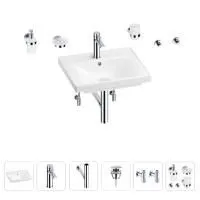 Раковина для ванной Wellsee FreeDom 201006826 в наборе 9 в 1: раковина белого глянцевого цвета, смеситель, сифон, донный клапан, угловые вентили, аксессуары (цвет набора хром)