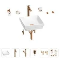 Раковина для ванной Wellsee Doux 201005989 в наборе 9 в 1: раковина белого глянцевого цвета, высокий смеситель, сифон, донный клапан, угловые вентили, аксессуары (цвет розовое золото)