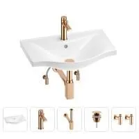 Раковина для ванной Wellsee Bisou 201005194 в наборе 5 в 1: раковина белого глянцевого цвета, смеситель, сифон, донный клапан, угловые вентили (цвет набора розовое золото)