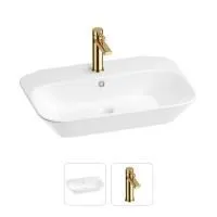 Раковина для ванной Wellsee Eclatant 201000943 в наборе 2 в 1: прямоугольная раковина белого глянцевого цвета, смеситель в цвете золото