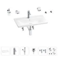 Раковина для ванной Wellsee FreeDom 201007016 в наборе 9 в 1: раковина белого глянцевого цвета, смеситель, сифон, донный клапан, угловые вентили, аксессуары (цвет набора хром)