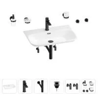 Раковина для ванной Wellsee Eclatant 2.0 201007527 в наборе 9 в 1: раковина белого глянцевого цвета, смеситель, сифон, донный клапан, угловые вентили, аксессуары (цвет набора матовый черный)