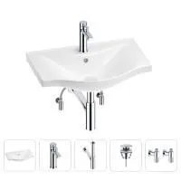 Раковина для ванной Wellsee Bisou 201005211 в наборе 5 в 1: раковина белого глянцевого цвета, смеситель, сифон, донный клапан, угловые вентили (цвет набора хром)